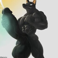 2024 abs absurd_res anthro anubian_jackal anubis balls biceps big_balls big_muscles big_penis black_body black_fur blue_eyes bodily_fluids canid canine canis cum deity digital_media_(artwork) egyptian egyptian_mythology ejaculation erection expansion eyebrows feyhuevina fur genital_fluids genital_growth genitals glowing glowing_eyes grin growth hi_res huge_balls huge_cock huge_muscles hyper hyper_balls hyper_genitalia hyper_penis jackal male male_only mammal middle_eastern_mythology muscular muscular_anthro muscular_male mythology navel nude orgasm pecs penis penis_growth simple_background smile solo solo_male soul standing thick_thighs triceps