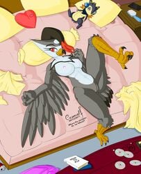 2017 anthro areola avian bed big_breasts bird breasts claws cromelf digital_media_(artwork) feathered_wings feathers female hair heart hi_res looking_at_viewer lying mammal mikura nintendo nipples nude on_bed pillow plushie pokemon pokemon_(species) pussy red_eyes simple_background smile solo staraptor talons thick_thighs toe_claws typhlosion video_games wings