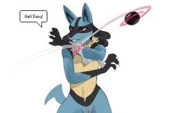 2024 andromorph anthro bassenji black_hands blue_body blue_fur chest_spike claws cuntboy dialogue english_text fur generation_4_pokemon genitals grin hi_res intersex lucario nintendo pokeball pokemon pokemon_(species) portrait pussy red_eyes simple_background smile solo sound_effects speech_bubble spikes spikes_(anatomy) standing tan_body tan_fur text three-quarter_portrait white_background