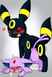 ai_generated breeding cum_inside doggy_style doggy_style dripping dripping_cum espeon feral feral_on_feral held_down mating nai_diffusion novelai pokemon request umbreon