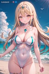 1girls ai_generated blonde_hair blush choker cleavage core_crystal curvy cute earrings eyebrows_visible_through_hair female female_only front_view hair_between_eyes highres indoors large_breasts light-skinned_female light_skin long_hair looking_at_viewer lunjuni mythra navel nintendo official_alternate_costume one-piece_swimsuit room solo stable_diffusion standing strapless strapless_one-piece_swimsuit swimsuit tagme thick_thighs tiara very_long_hair voluptuous watermark xenoblade_(series) xenoblade_chronicles_2 yellow_eyes