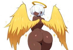 1boy ai_generated alriel angel angel_wings back black_femboy catholic christianity dark-skinned_male dark_skin elbow_gloves femboy hair_over_eyes halo huge_ass light looking_back monster_femboy mullon novelai public_domain thick_thighs trap voluptuous_male white_hair wings