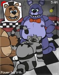 3boys all_fours anal anthro artist_request balls bear bonnie_(fnaf) cat chubby chubby_male felid fellatio five_nights_at_freddy's freddy_(fnaf) gay genitals group inside kneeling lagomorph leporid male male/male mammal nude oral pantherine penile penis rabbit rear_view scottgames sebboh sex tiger trio