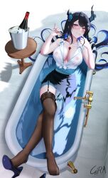 1girls areolae artist_name bathtub beauty_mark big_breasts black_hair blue_hair breasts colored_inner_hair demon_girl demon_horns female female_only garter_straps girarikyo hololive hololive_english hololive_english_-advent- horns light-skinned_female light_skin mole mole_under_eye nerissa_ravencroft nipples nipples_visible_through_clothing see-through_clothing skirt solo stockings very_long_hair virtual_youtuber water wet_clothes wet_clothing