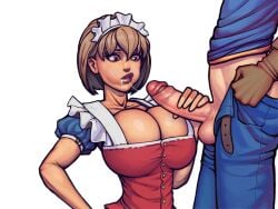 1boy 1girls alice_(warlock_and_boobs) big_breasts blowjob boobsgames brown_hair cum_in_mouth female holding_penis human human_only krowly_mccormick maid maid_headdress maid_outfit maid_uniform male red_eyes straight swallowing_cum unseen_male_face warlock_and_boobs