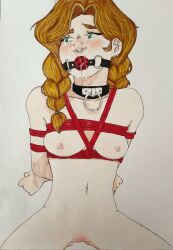 arms_behind_back ball_gag blonde_female blonde_hair blonde_hair_female blue_eyes gag gagged legs_held_open legs_together pierced_nipples piercing red_pussy red_rope red_ropes white_background