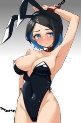 arm_on_own_head armpits bare_hips bare_shoulders belt_collar black_hair black_leotard blue_hair breasts bunnysuit chains cleavage collar collarbone colored_inner_hair cowboy_shot cuffs female gundam gundam_suisei_no_majo highleg highleg_leotard highres komb large_breasts leotard looking_away looking_to_the_side multicolored_hair nika_nanaura nipple_slip nipples parted_lips playboy_bunny shackles simple_background solo swept_bangs