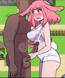 1boy 1girls blush bunny bunny_ears cum dark-skinned_male handjob ntr_bunnies_rpg oppai pink_hair sunny_(wolfgang_bang) underwear