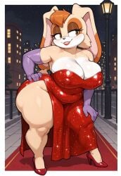 ai_generated bbw bedroom_eyes bent_forward big_breasts blush chubby chubby_anthro chubby_female city cleavage fat_folds glitter_dress hand_on_hip hand_on_thigh high_heels jessica_rabbit_(cosplay) lamppost milf night_sky nipple_bulge opera_gloves purple_gloves rabbit red_carpet red_dress red_high_heels red_lipstick seductive_smile slit_dress sonic_the_hedgehog_(series) thick_thighs vanilla_the_rabbit wide_hips