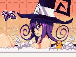 1girls 2d artist_logo bath bathroom bathtub blair_(soul_eater) blair_human_form_(soul_eater) bonkez breast bubble_bath in_bathtub looking_at_viewer nude nude_female obscured_nipples pixel_(artwork) pixel_art purple-haired_female purple_hair purple_hair_female rubber_duck soul_eater witch_hat