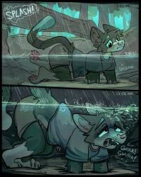 2025 air_bubble anthro asphyxiation barefoot bottomwear clothed clothed_anthro clothed_male clothing colby_(colbycat) colbycat convulsions countershade_face countershading cyanosis death digital_drawing_(artwork) digital_media_(artwork) dipstick_tail domestic_cat drowning english_description feet felid feline felis forest hi_res imminent_death leg_markings male mammal markings onomatopoeia open_mouth partially_submerged peril plant raining sequence shirt shorts signature socks_(marking) solo sound_effects story story_in_description stuck t-shirt tail tail_markings text time topwear tree underwater water