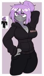 1girls big_breasts black_clothing black_hoodie black_pants black_sleeves blush breasts cleavage clothed clothed_female clothing eyebrows_visible_through_hair female female_only fully_clothed grey_body grey_skin guest_(roblox) hair hair_bun hand_behind_head hand_on_hip hoodie lavender_hair long_sleeves pants penismaster48 pink_hair purple_eyes reference_image roblox robloxian simple_background sleeves smile smug solo standing tanline text_on_clothing thick_thighs thighs