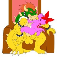 1boy 1girls anal anthro anthro_on_anthro balls birdo birdo_(character) bow bow_on_head bowser chair closed_eyes digital_media_(artwork) dinosaur duo erection eyes_closed furniture furry furry_female furry_male furry_only genitals hair horns interspecies king koopa larger_male long_tail male male/female mario_(series) nintendo penetration penis penis_in_pussy pink_body red_hair reptile royalty scalie sex sitting sitting_position straddling straight straight_sex tail throne unknown_artist white_background yellow_skin