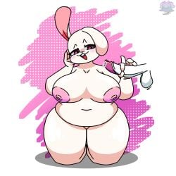 5_fingers anthro areola ass balls big_areola big_breasts big_butt big_penis blush bodily_fluids breasts buckteeth chubby_cheeks digital_drawing_(artwork) digital_media_(artwork) duo eyelashes female fingers fur genital_fluids genitals goonsfw69 handjob hi_res humanoid invisible_partner lagomorph leaking_precum leporid male male/female mammal nipples overweight overweight_female penile penis pink_areola pink_eyes pink_nipples pochola_blancaflor precum precum_on_penis rabbit saggy_balls sex simple_background stomach_bulge teeth thick_thighs white_body white_fur wide_hipped_female wide_hips