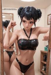 ai_generated ass black_hair black_panties breasts brown_eyes double_bun female kpop_demon_hunters mirror navel panties standing zoey_(kpop_demon_hunters)