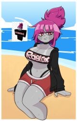 1girls beach belly_button big_breasts blush breasts choker cleavage clothed clothed_female clothing eyebrows_visible_through_hair female female_only grey_body grey_skin guest_(roblox) hair hair_bun hoodie open_hoodie penismaster48 pink_hair red_eyes reference_image roblox robloxian sand shorts sitting smile solo stomach sweat sweatdrop sweating text_on_clothing thick_thighs thighs thong tubetop underboob water