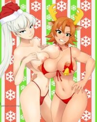 2girls areolae big_breasts bikini breasts christmas female female_only large_breasts looking_at_viewer multiple_girls nipples nora_valkyrie nordic_winter panties rwby santa_hat topless ttrop weiss_schnee