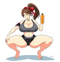 5_toes big_breasts bottle breasts brown_hair bursting_breasts cleavage cross devil-v gap green_eyes gym_clothes gym_shorts hourglass_figure huge_breasts ponytail red_ribbon sports_bra squat squatting thick_thighs thigh_gap tiptoes wide_hips wolfgangina_getto