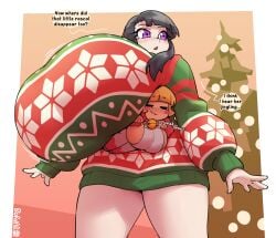 2girls big_breasts black_hair blush blush_stickers borvar cat_bell christmas christmas_sweater closed_eyes closed_eyes_smile dialogue female female_only front_view gigantic_breasts hidden_under_breasts huge_breasts hyper hyper_breasts inconvenient_breasts large_breasts light_skin massive_breasts oblivious original_character original_characters purple_eyes short_hair shortstack size_difference text top_heavy unaware unaware_breast_smother