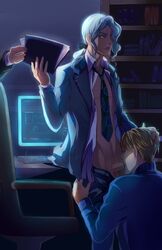 3boys akubaka erection fellatio hand_on_head male_focus multiple_boys penis suit tiger_and_bunny yaoi