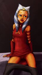 ahsoka_tano alien blue_eyes breasts cleavage clone_wars clothed clothing dress female fingerless_gloves front_view gloves humanoid humanoid_hands looking_away no_underwear orange_skin pants pants_down partially_clothed portrait pussy sitting solo star_wars the_clone_wars:_season_four three-quarter_portrait togruta tourbillon upskirt