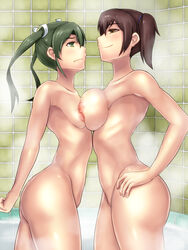 2girls asymmetrical_docking bathtub breast_envy breast_press breasts brown_eyes brown_hair clavicle female green_eyes green_hair hair_ornament hair_ribbon hand_on_hip high_resolution kaga_(kantai_collection) kantai_collection large_breasts light-skinned long_hair multiple_girls nipples nude ribbon short_hair short_twintails side_view small_breasts smile smug steam tied_hair tile_wall tiles twintails untsue zuikaku_(kantai_collection)