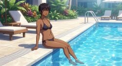 1girls ai_generated anime bare_legs berserk bikini black_hair brown_hair casca dark-skinned_female female fit high_resolution poolside swimsuit