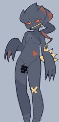 anthro anthropomorphic balls banette censor_bar censored flaccid flaccid_penis gijinka heart humanization humanized humanized_pokemon humanoid looking_away male patchwork_skin penis penis_out plushie pokemon pokemon_(species) standing stitched stitches tail wabblebop zipper