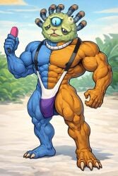 ai ai_generated asexual asexual_pride_colors bara bear black_mankini buff colored_mankini grey_mankini holding_popsicle looking_down mankini my_singing_buff_or_bara_monsters my_singing_monsters nitebear popsicle purple_mankini ripped_mankini sexuality_mankini sexy white_mankini