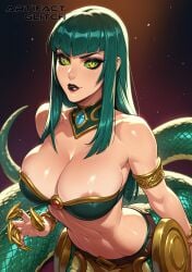 abs ai_generated areolae armlet artifactglitch bangs big_breasts black_lipstick cassiopeia_du_couteau chocker gold_fangs gold_nails green_hair hips league_of_legends lipstick long_hair looking_at_viewer makeup nipples nipples_visible_through_clothing riot_games sexy shoulders smile smiling snake snake_body snake_girl snake_tail thick_thighs watermark yellow_eyes