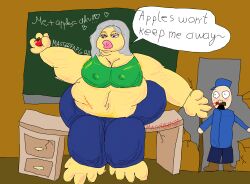 appendectomy_scar apple artist_signature bedroom_eyes big_breasts big_lips breaking caught_in_the_act eating fat fat_ass feet gray_hair high_quality janitor masterfapgod nipple_visible_through_clothes revealing_clothes shaded shocked speech_bubble stretch_marks sweat table
