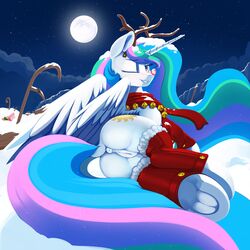 absurd_res alicorn anus ass christmas clothing cutie_mark dimfann dock equine feathered_wings feathers female feral friendship_is_magic full_moon hair hi_res holidays hooves horn long_hair looking_at_viewer mammal moon multicolored_hair multicolored_tail my_little_pony night one_eye_closed outside princess_celestia_(mlp) pussy smile solo underhoof wings