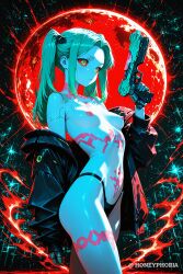 ai_assisted ai_generated aqua_hair artificial_eye bare_shoulders black_jacket black_panties blue_skin breasts closed_mouth clothing colored_sclera colored_skin cyberpunk:_edgerunners cyborg female forehead full_moon green_eyes green_hair gun handgun holding holding_gun holding_weapon huge_moon jacket leg_tattoo long_hair looking_at_viewer mechanical_eye mechanical_hands moon navel neck_tattoo nipples off_shoulder open_clothes open_jacket panties parted_bangs petite rebecca_(edgerunners) red_moon red_pupils red_sclera small_breasts solo stomach_tattoo tattoo thighs topless twintails underwear weapon white_skin