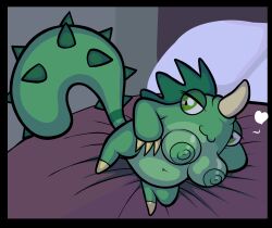 1_horn 1_toe 3_fingers absurd_res anthro battle_monster blackmore breasts claws comedy_central drawn_together female fingers front_view green_body green_eyes green_hair green_nipples hair hand_behind_head hi_res hoochie_(drawn_together) horn looking_away monster nipples pose pupils short_stack smile spiked_tail spikes spikes_(anatomy) tail tan_claws tan_horn toe_claws