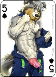 1boy 2017 abs animal_genitalia animal_penis anthro biceps canine canine_penis card clothed clothing digital_media_(artwork) english_text erection fonyaa fur knot male male_only mammal muscular muscular_male pecs penis playing_card simple_background smile solo standing text topless undressing white_background