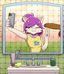 2_horns 5_fingers absurd_res anthro balls bathroom big_penis blush bottle breasts brown_genitals brown_penis brush celestebunny cellphone choker clothed clothing colored_fingernails colored_nails container cute_fangs detailed detailed_background disembodied_penis dragon electronics erection eyebrows eyelashes facial_tuft fangs female female_anthro fingernails fingers foreskin genitals gesture glans glass grey_eyes hair hair_bun hand_gesture hi_res holding_cellphone holding_object holding_phone horn humanoid_genitalia humanoid_penis imminent_oral imminent_sex inside jewelry kobold looking_at_object looking_at_viewer male male/female mirror mirror_selfie mythological_creature mythological_scalie mythology nails necklace one_eye_closed partially_retracted_foreskin penis phone pink_nails purple_hair reflection scales scalie selfie shaded shirt sink small_breasts smartphone smile solo solo_focus taking_picture tan_body tank_top teeth tile tile_wall topwear tuft tyna_the_kobold v_sign vein veiny_penis wall_(structure) white_body wink winking_at_viewer yellow_clothing yellow_horn yellow_shirt yellow_topwear