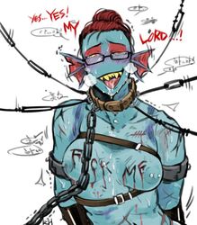 abused ahegao blood blood_writing blush bondage bruise chains collar cum_in_mouth dialogue english_text excessive_cum female femsub glasses glasses_on_head gore helpless kkhoppang leash mind_break scratches slave smiling straps submissive swapfell swapfell_undyne undertale undyne writing_on_body