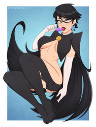 1girls bayonetta bayonetta_(character) bayonetta_2 beauty_mark black_hair blue_eyes breasts candy cleavage dimedrolly earrings fair-skinned_female fair_skin female female_focus female_only glasses light-skinned_female light_skin lipstick long_legs looking_at_viewer short_hair solo solo_female solo_focus underboob