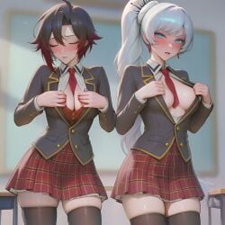 ai_generated animated black_hair blue_eyes blue_nails blushing_at_viewer bouncing_breasts brown_blazer classroom cute cute_tits flustered glaring_at_viewer gold_trim hesitant looking_at_viewer nice_tits perky_nipples petite ponytail pulling_out_breasts red_highlights red_nails red_plaid_skirt red_tie ruby_rose rwby scar_across_eye school_uniform short_hair shy silver_eyes small_breasts small_tits tagme thigh_highs thighhighs titty_drop two_girls unbuttoning video weiss_schnee white_hair
