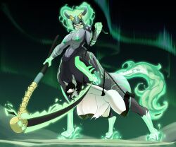anthro aura bat belly big_breasts black_hair black_nipples bone bound breasts bulge chain_leash chained chains desert dominant dominant_gynomorph dominant_intersex dominant_taur duo ectoplasm equid equid_taur equine female glowing glowing_markings green_aura green_eyes grey_body gynomorph gynomorph/female gynomorph_penetrating hair hi_res hooves horn horse intersex intersex/female intersex_penetrating leaf-nosed_bat leash mammal mammal_taur markings melee_weapon microbat nipples penetration polearm schorl scythe sex skull skull_head soleilly stomach_bulge taur taur_penetrating vampire vampire_bat weapon white_body yangochiropteran
