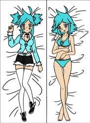 alternate_version_available barefoot blue_clothing blue_hair blue_underwear blush blush_lines blushing_female bodypillow both_sides dakimakura dakimakura_design dakimakura_pillow double_view feet light_blue_hair lying_on_back lying_on_bed peri_pop_pokemon_utpous periwinkle_marina_pokemon_utopus pokemon pokemon_utopus purple_eyes short_hair shy theloadingcrew underwear_only white_legwear white_stockings youtube