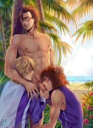 3boys akubaka blush cum glasses hirakoba_rin kai_yuujirou kite_eishirou male_focus multiple_boys nature outdoors penis prince_of_tennis saliva topless tree yaoi