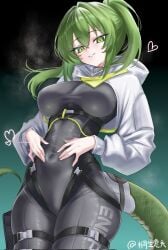 1girls arknights arknights:_endfield artist_request belly belly_button belly_fetish breasts expanded_belly eyeliner fluorite_(arknights:_endfield) green_eyes green_hair grey_suit hoodie long_hair midriff midriff_cutout midriff_focus navel navel_cutout navel_fetish navel_line navel_outline navel_visible_through_clothes ponytail showing_belly showing_belly_button showing_midriff showing_navel showing_off slim slim_body slim_female slim_figure slim_girl slim_torso slim_waist thick_thighs thighhighs thighs tied_hair tight_clothes tight_clothing tight_fit tight_fitting_clothing tight_suit