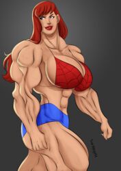 abs bare_shoulders big_muscles bikini blue_eyes breasts cleavage extreme_muscles female freckles large_breasts lips lipstick long_hair marvel mary_jane_watson muscles muscular muscular_female red_hair red_lipstick roemesquita solo spider-man_(series) thick_thighs thighs