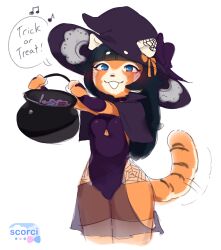 2020s 2025 anthro blush bow_ribbon breasts cleavage clothed clothing dress english_text felid feline furry halloween hat headgear headwear hi_res holidays magic_user mammal musical_note musical_symbol open_:3 pantherine scorci skimpy solo speech_bubble symbol tail text tiger trick-or-treating witch witch_hat