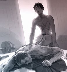 2boys aldaria anal anal_penetration ass big_bottom big_bottom_small_top big_sub_small_top blush gay greyscale lad male male_focus male_only monkey_d_luffy monochrome multiple_boys muscle nude one_piece penetration piercing post-timeskip roronoa_zoro scar sex small_dom small_dom_big_sub small_top_big_bottom smaller_dominant sweat thrusting yaoi