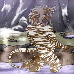 2017 anthro ass balls blue_eyes brown_fur brown_stripes charr feline fur furry furry_only guild_wars horn hot_spring male male_focus male_only mammal mane muscular muscular_male no_humans open_mouth outside pink_nose presenting presenting_hindquarters pubes raised_tail rear_view snow solo standing steam stripes teeth tongue vampirika video_games water white_fur white_stripes