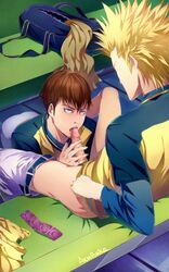 2boys akubaka blowjob bottomless character_request erection fellatio gay licking male_focus multiple_boys penis penis_grab sitting sportswear yaoi