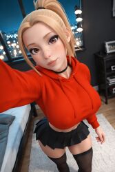 1girls 3d 3d_(artwork) ai_generated big_ass big_breasts blonde_female blonde_hair breasts busty choker crop_top hoodie large_breasts petite petite_body ponytail radnsad selfie short_skirt sindy(oc) solo solo_female solo_focus thick_ass thick_thighs thighhighs