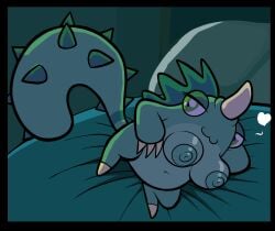 1_horn 1_toe 3_fingers absurd_res anthro battle_monster blackmore breasts claws comedy_central drawn_together female fingers front_view green_body green_eyes green_hair green_nipples hair hand_behind_head hi_res hoochie_(drawn_together) horn looking_away monster night nipples pose pupils short_stack smile solo spiked_tail spikes spikes_(anatomy) tail tan_claws tan_horn toe_claws